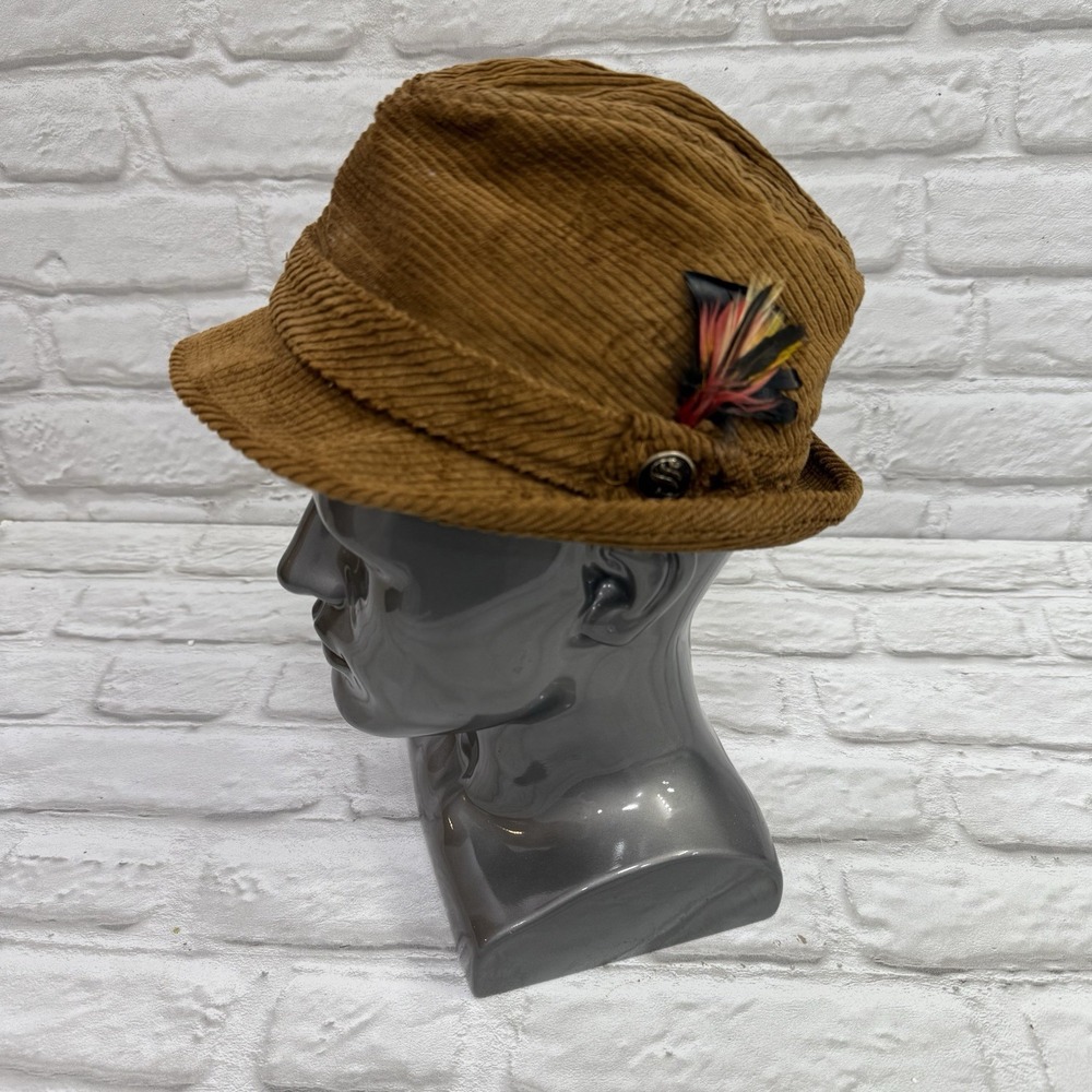 VTG Stetson Brown Corduroy Fedora Hat Men's Size 6 5/8  Logo Button  & Feather